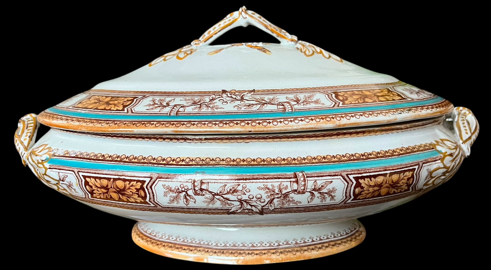 19th Century Edge, Malkin & Co. Staffordishire Hand Painted Turquoise and Brown Porcelain Tureens Wi - 5