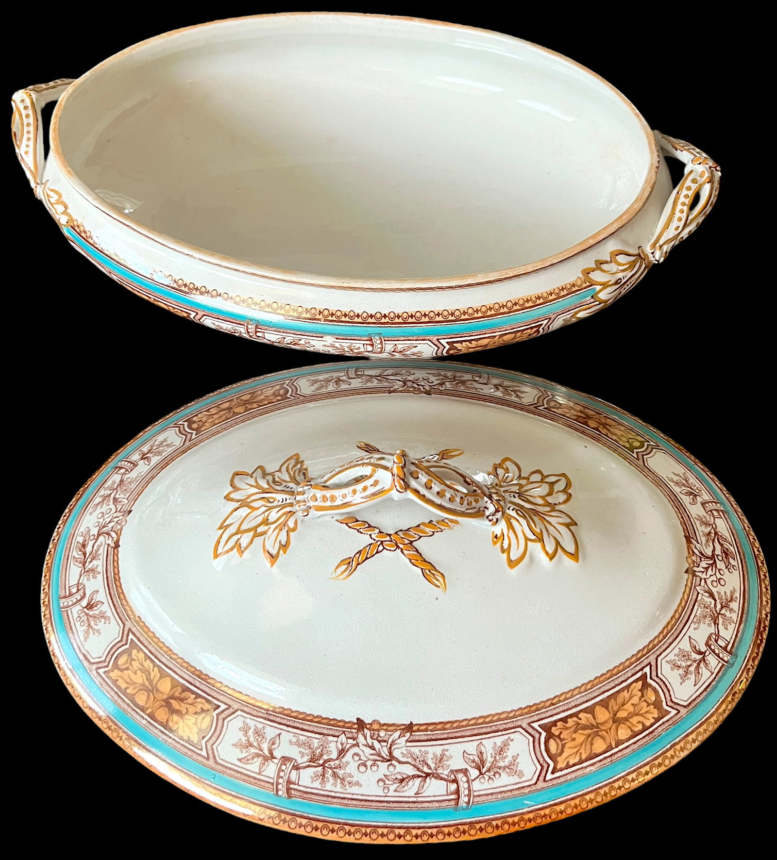 19th Century Edge, Malkin & Co. Staffordishire Hand Painted Turquoise and Brown Porcelain Tureens Wi - 6