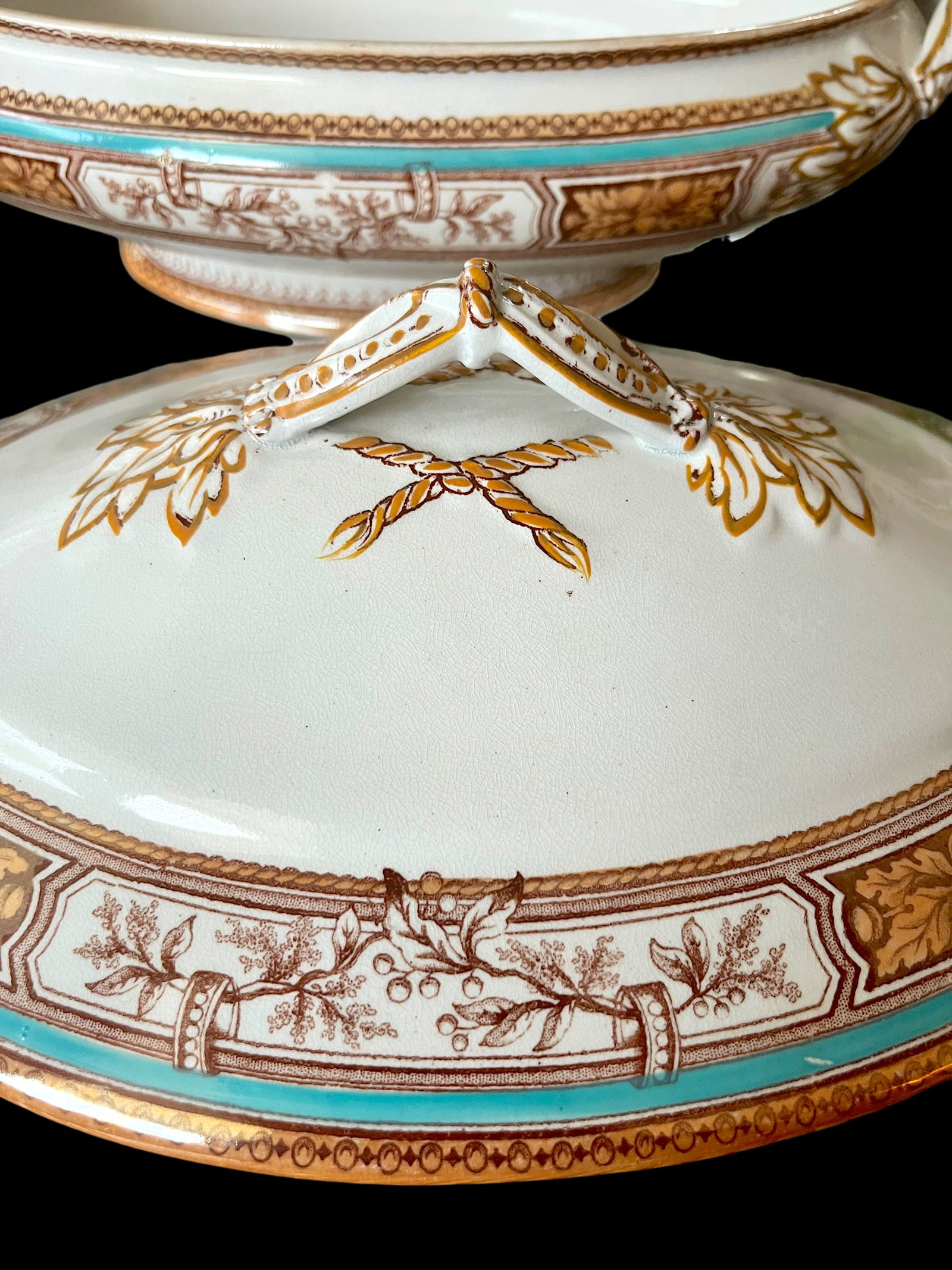 19th Century Edge, Malkin & Co. Staffordishire Hand Painted Turquoise and Brown Porcelain Tureens Wi - 7
