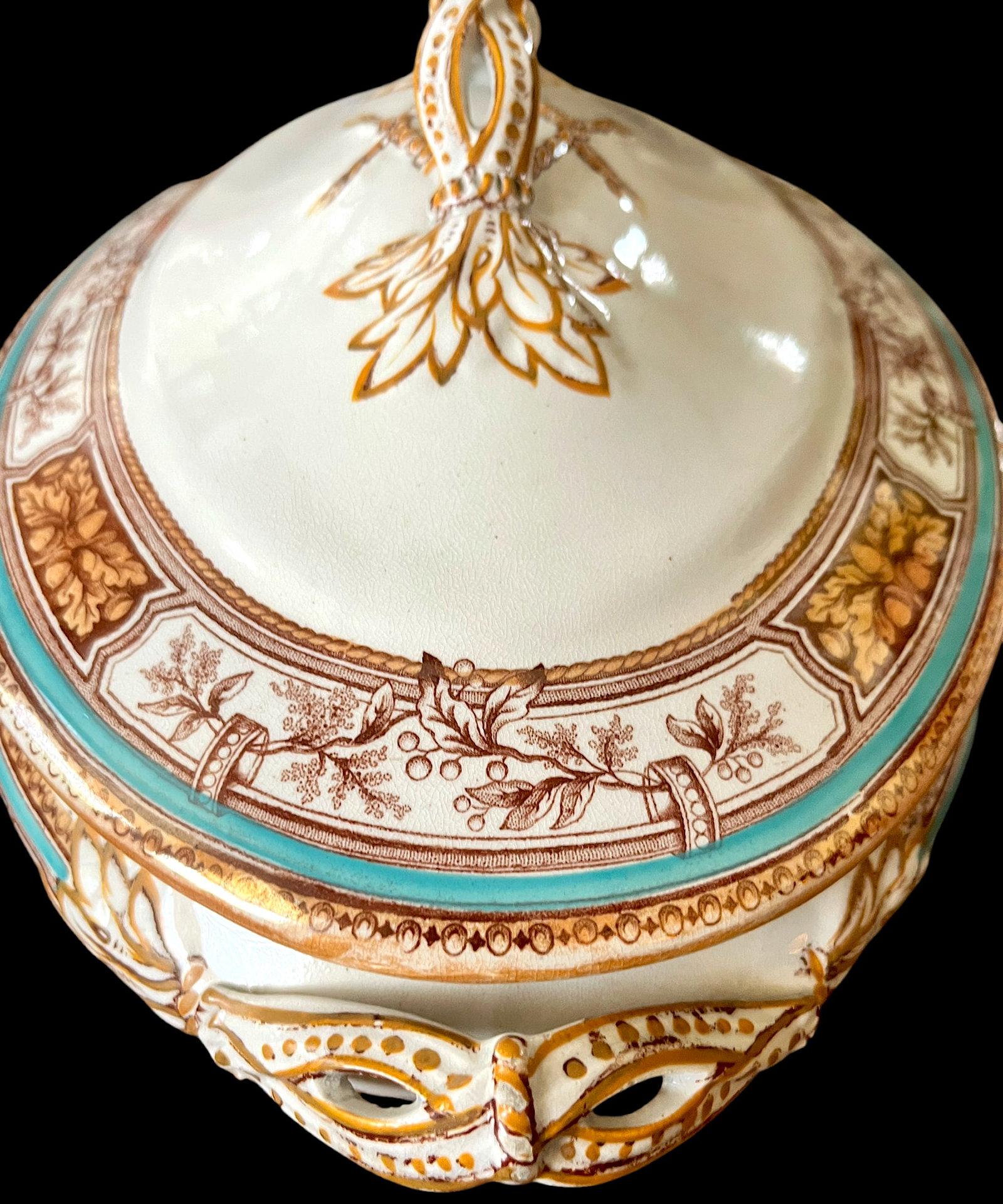 19th Century Edge, Malkin & Co. Staffordishire Hand Painted Turquoise and Brown Porcelain Tureens Wi - 8
