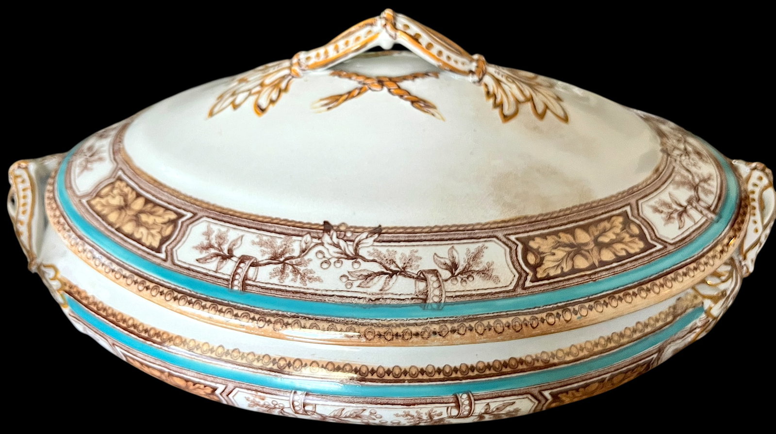 19th Century Edge, Malkin & Co. Staffordishire Hand Painted Turquoise and Brown Porcelain Tureens Wi - 9