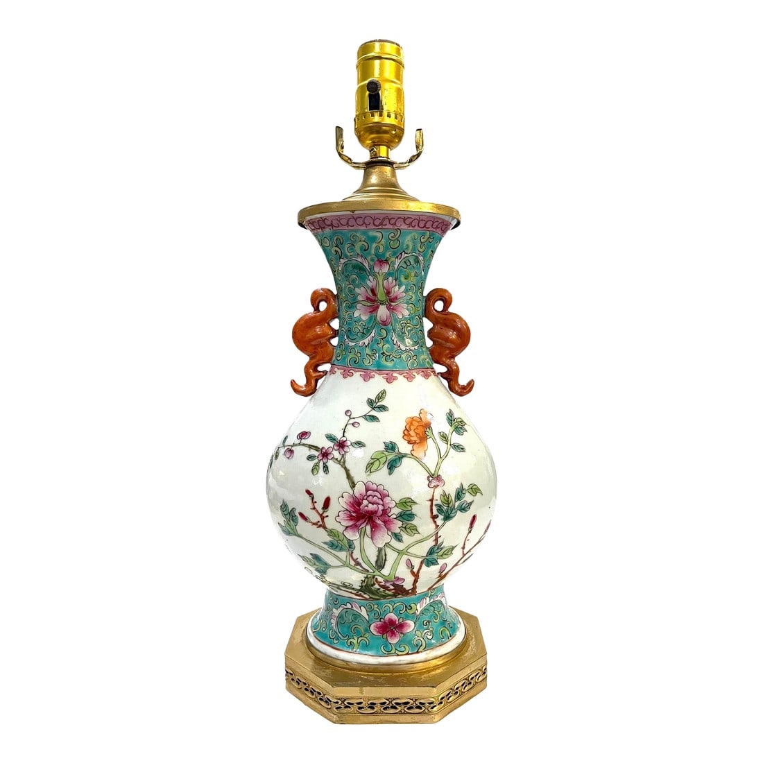 1920's Chinese Famille Rose Porcelain Vase Table Lamp - Newly Rewired: Newly rewired vintage lamp. 1920's Chinese porcelain vase hand-painted in the "Famille Rose" pattern. Gold gilt perforated base and hardware. Includes harp and finial. SHADE NOT INCLUDED. Measures 7"