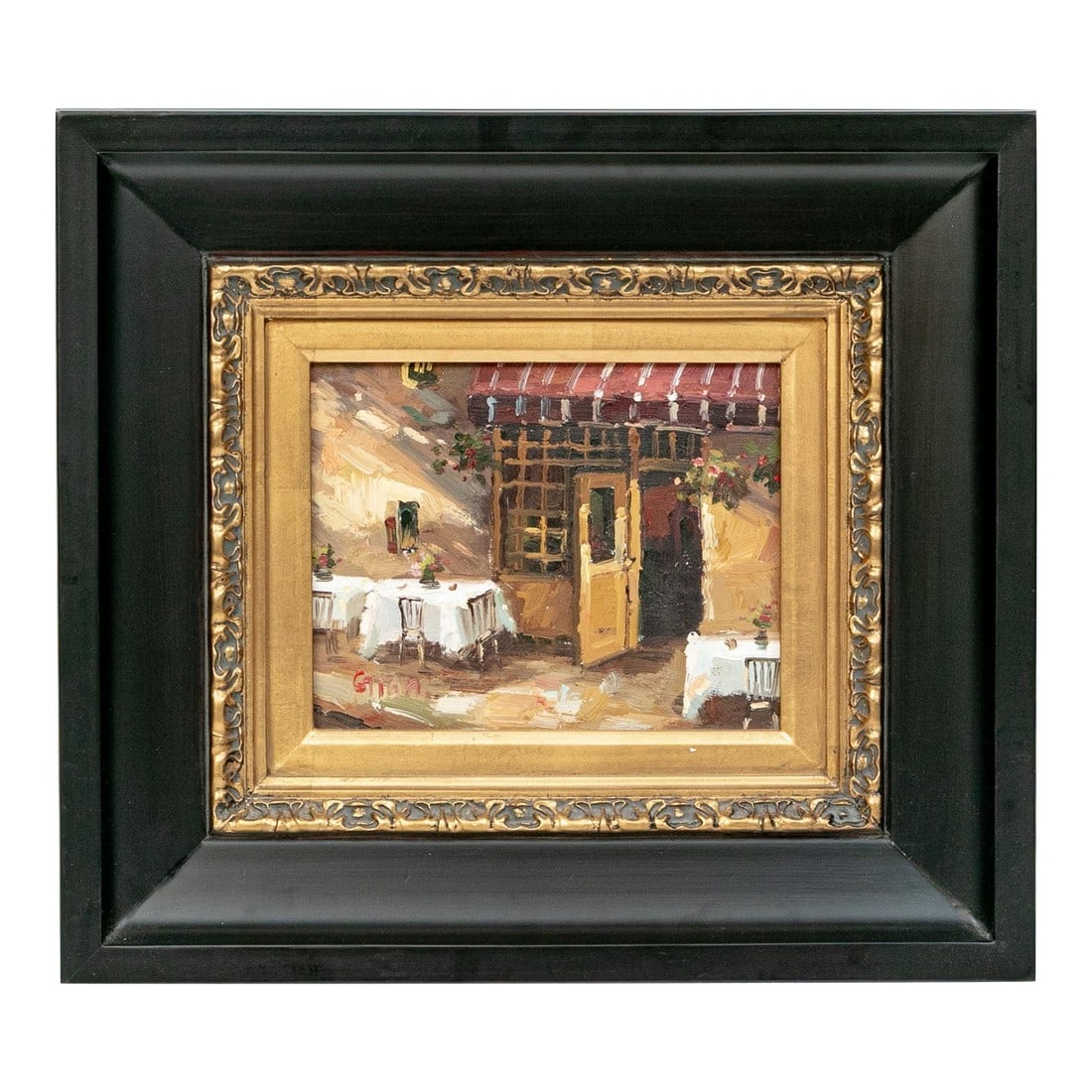 Mid 20th Century Signed Giani "On the Terrace" Framed Oil on Canvas Cafe Scene: A charming signed oil on canvas depicting a sunlit terrace café scene, with white-clothed tables set beneath a warm red awning and an open doorway inviting the viewer inside. The composition has