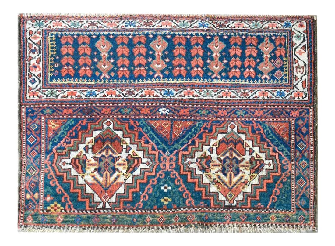 Early 20th Century Malayer Bag Face Rug: A wonderful and expertly crafted early 20th century Persian Malayer bag face rug with two large stepped diamond medallions surrounded by myriad geometric patterned stripes on one end, and a striped