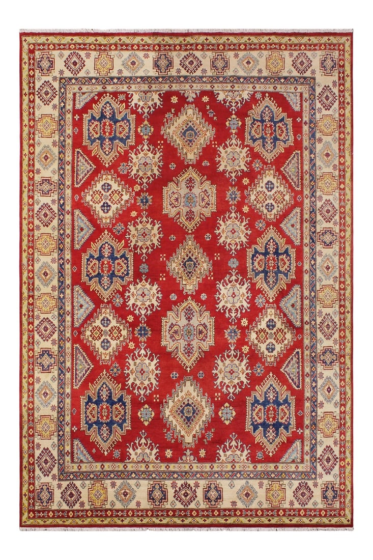 1990s 1990s Vintage Bohemian Kazak Blue/Beige Wool Rug - 9'2" X 11'9": Embellish your home with this exquisitely hand-knotted super Kazak Rug made with the finest hand-spun wool and all vegetable dyes. Demonstrating incredible attention to detail, this hand-knotted