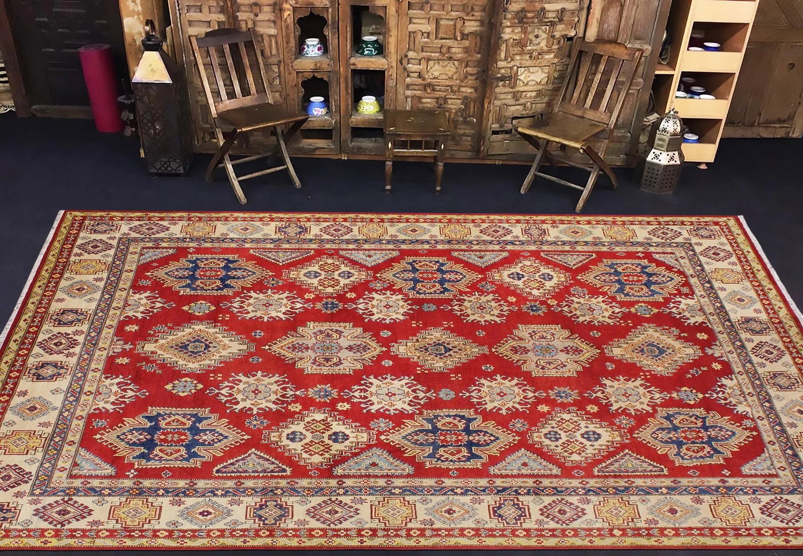 1990s 1990s Vintage Bohemian Kazak Blue/Beige Wool Rug - 9'2" X 11'9" - 2