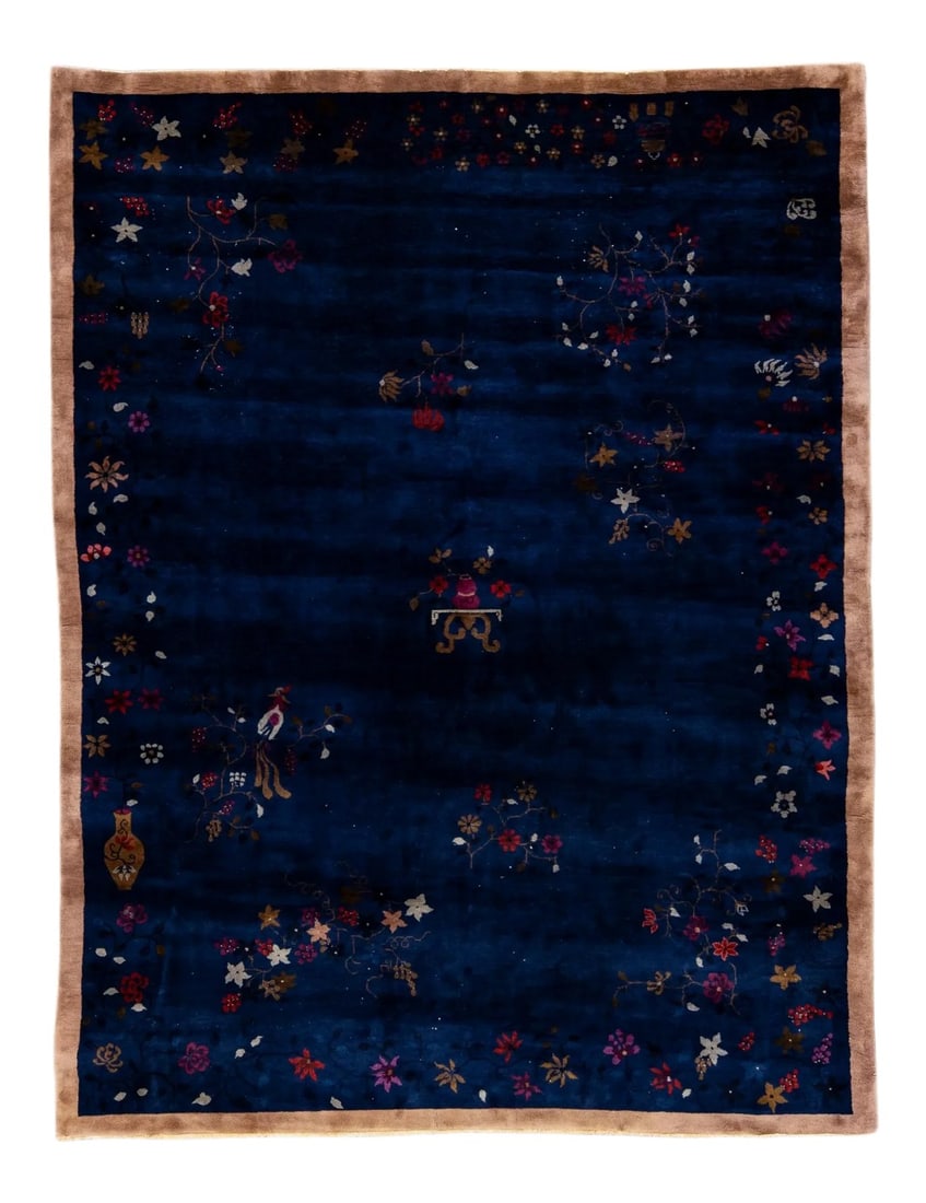 Blue Antique Art Deco Chinese Handmade Floral Wool Rug: Beautiful antique Art Deco Chinese hand-knotted wool rug with a blue field. This Chinese rug has a brown frame, multi-color accents in a gorgeous all-over Chinese floral design. This rug measures: 9' 