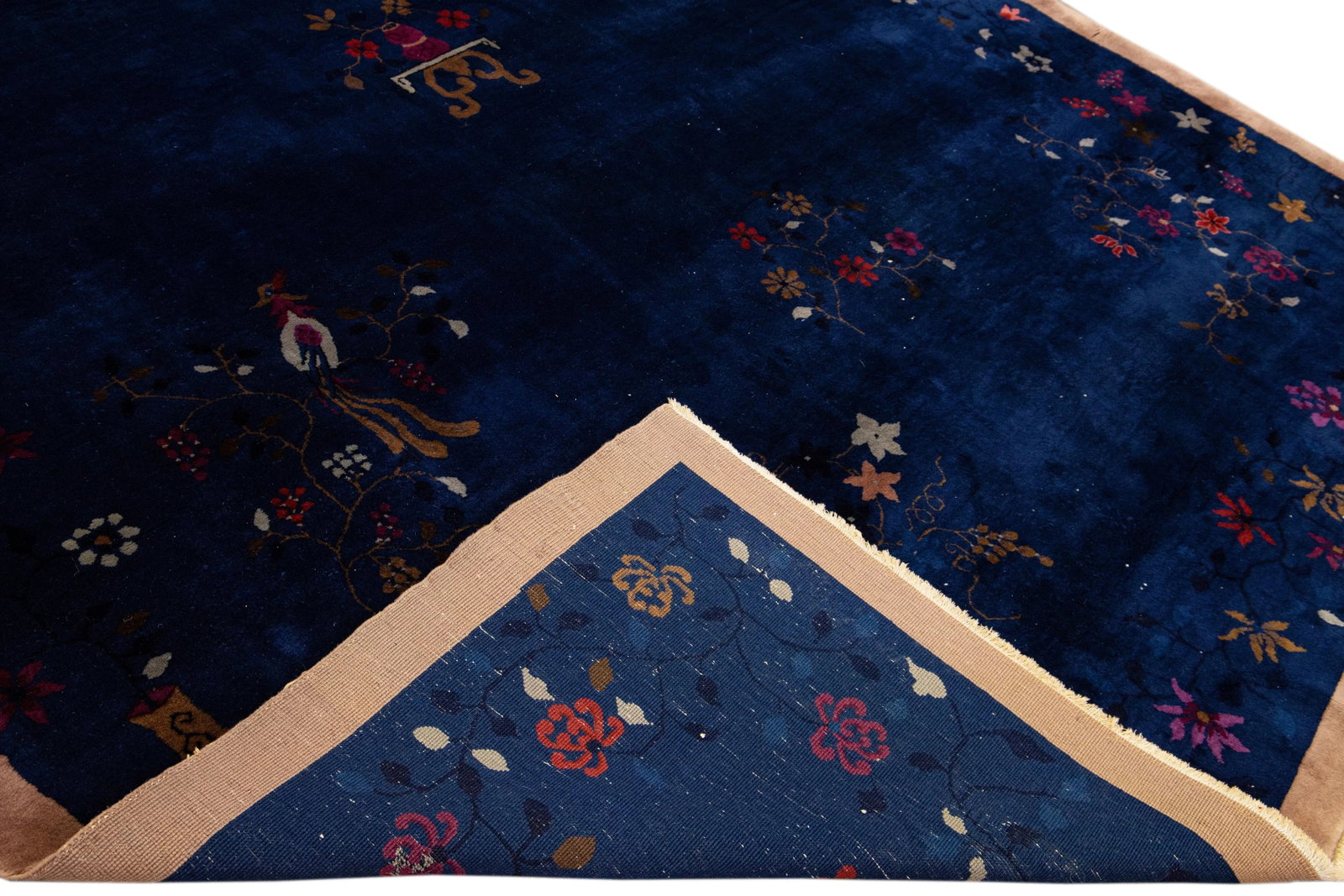 Blue Antique Art Deco Chinese Handmade Floral Wool Rug - 2