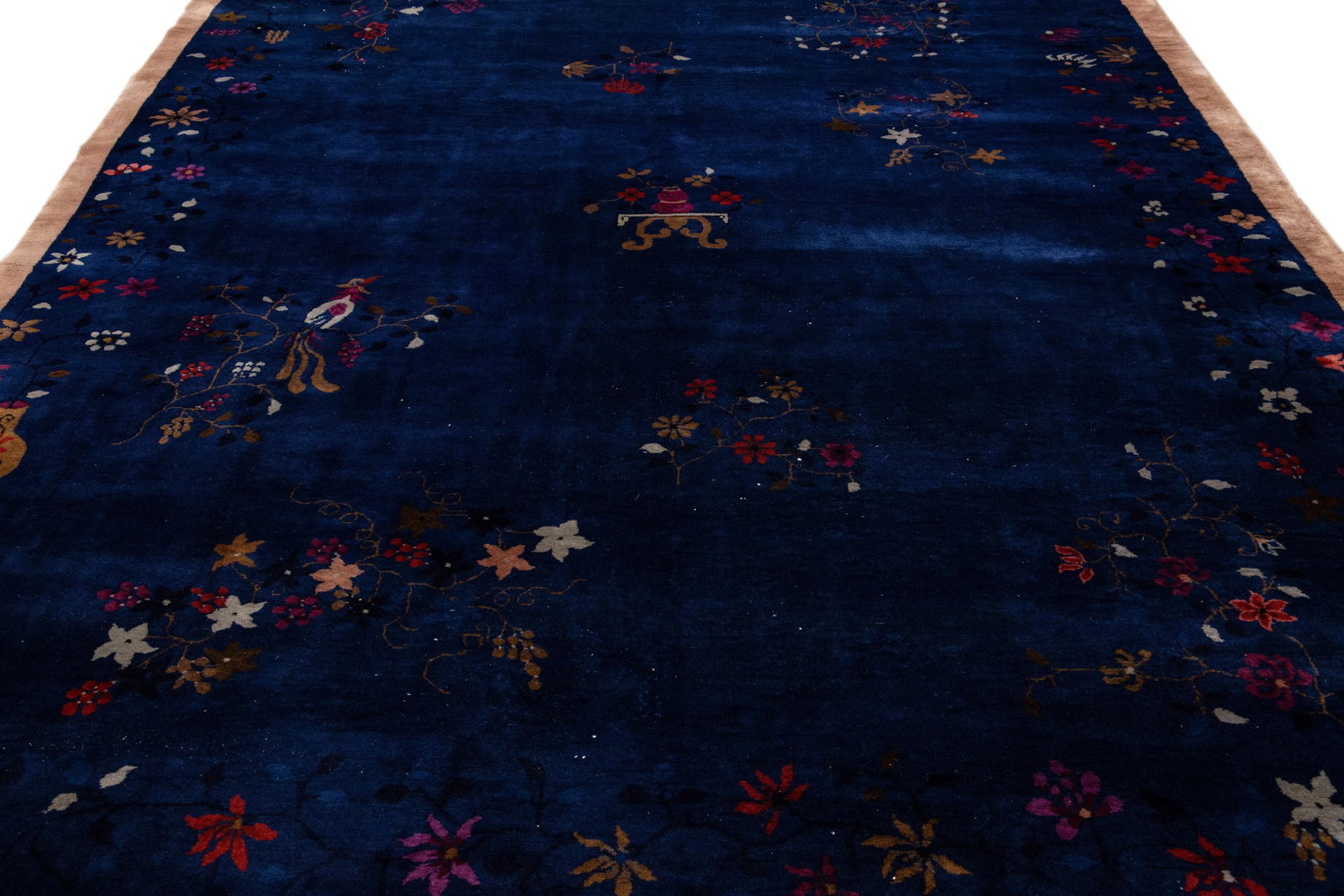 Blue Antique Art Deco Chinese Handmade Floral Wool Rug - 3