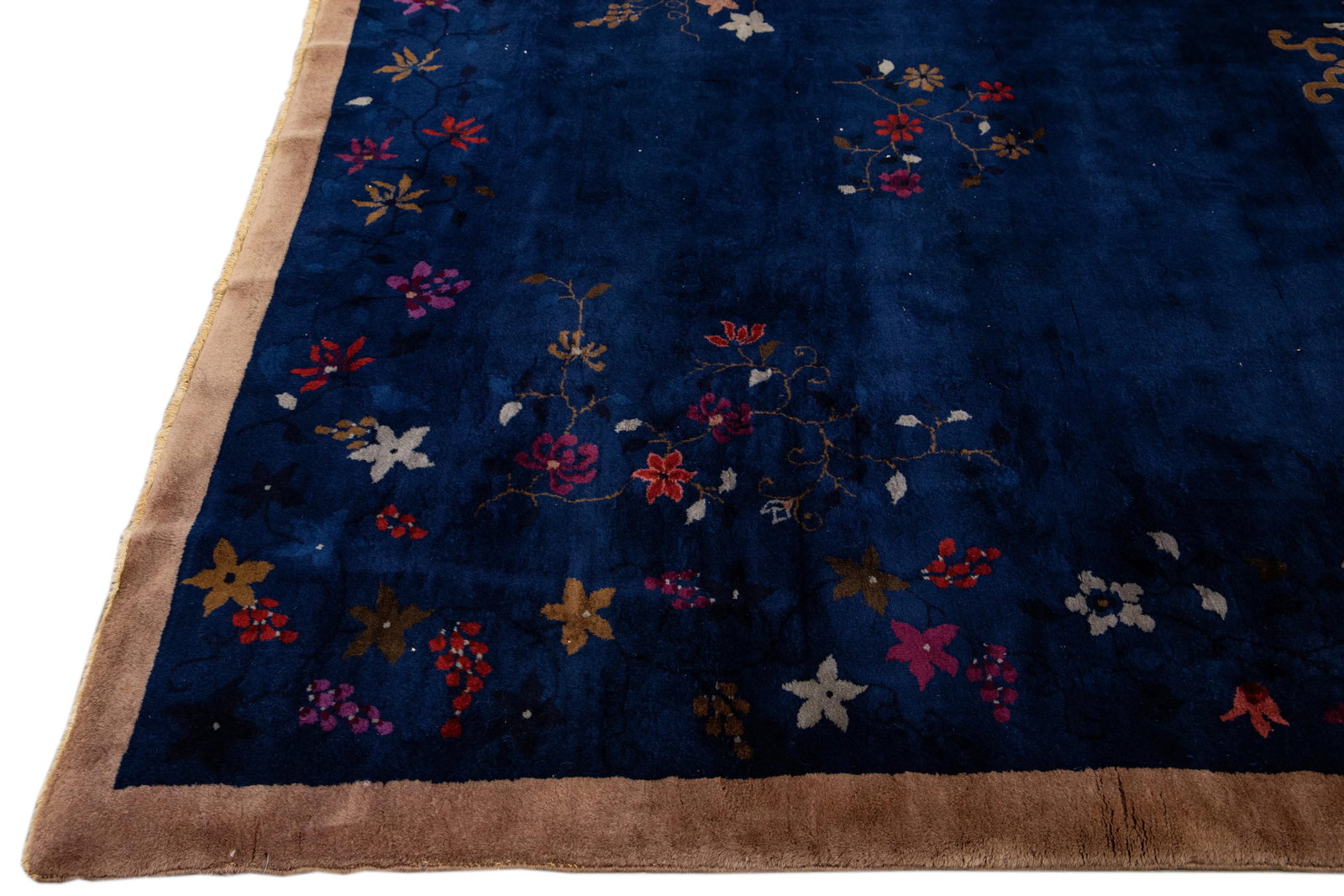 Blue Antique Art Deco Chinese Handmade Floral Wool Rug - 4