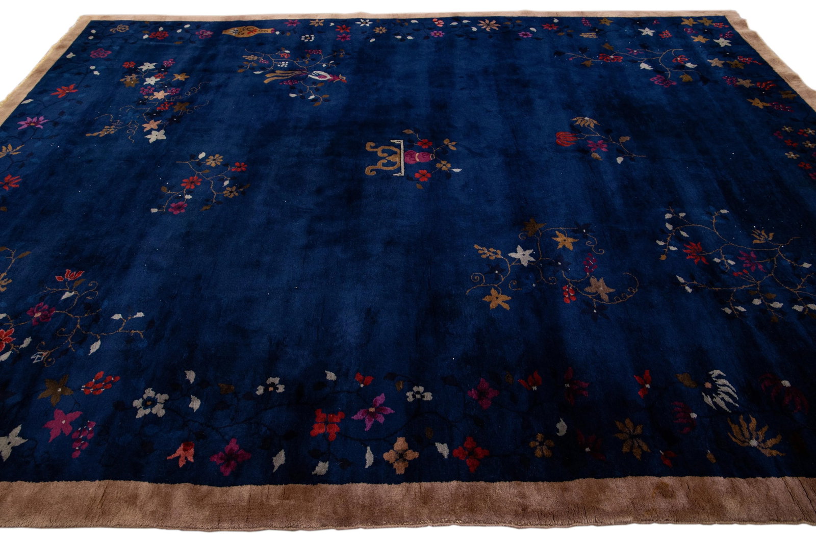 Blue Antique Art Deco Chinese Handmade Floral Wool Rug - 5