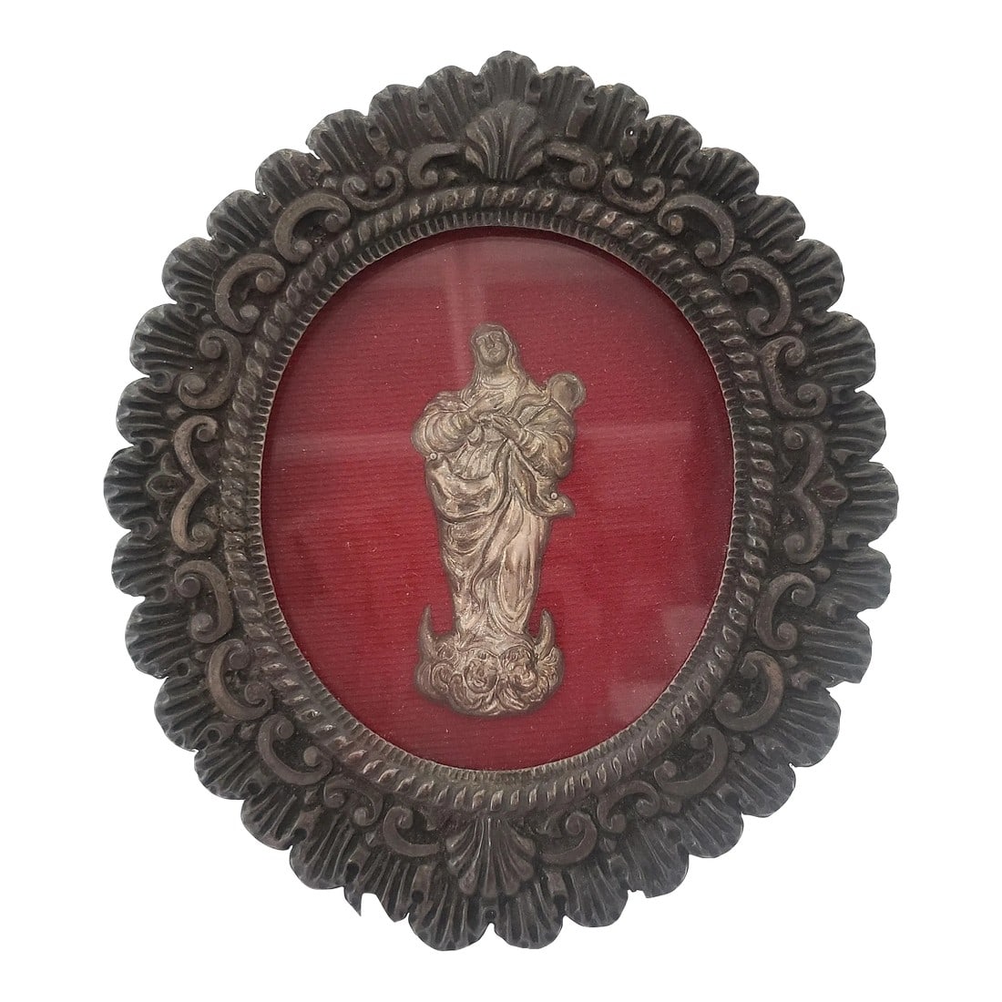 Antique Spanish Baroque Virgin Mary Wall Hanging: This beautiful Spanish classic baroque style wall hanging of the Virgin Mary circa 1790-1850. Very good condition throughout, without any chip or cracks or hairlines to the cover glass, no loose or fl