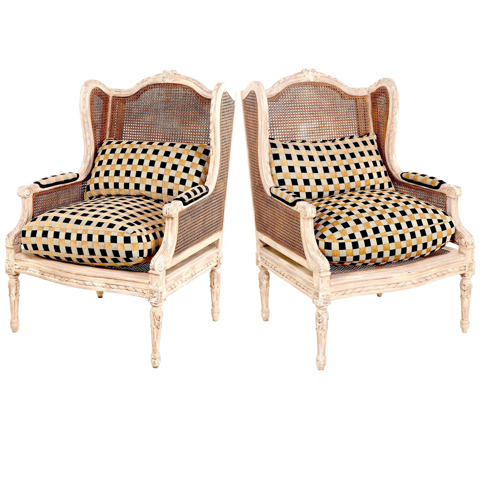 Louis XV Double Caned Wingback Bergeres - Clarence House Cushions - Pair - 13