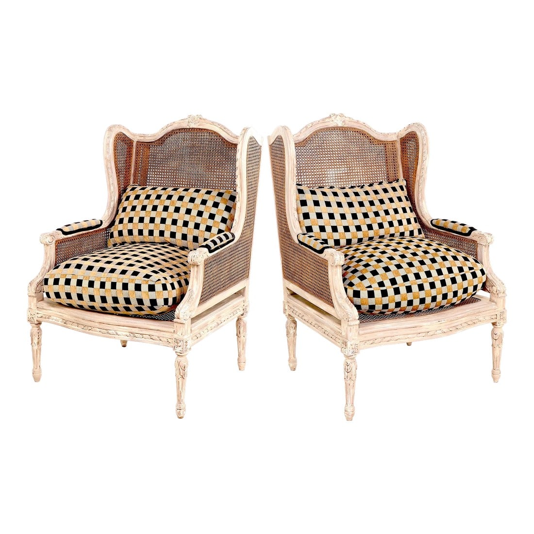 Louis XV Double Caned Wingback Bergeres - Clarence House Cushions - Pair: The perfect mix of modern and classic. Vintage pair of Louis XV wingback double caned bergeres crafted sometime in the late 20th century. Structurally sound - hand carved - kiln dried - hardwood frame