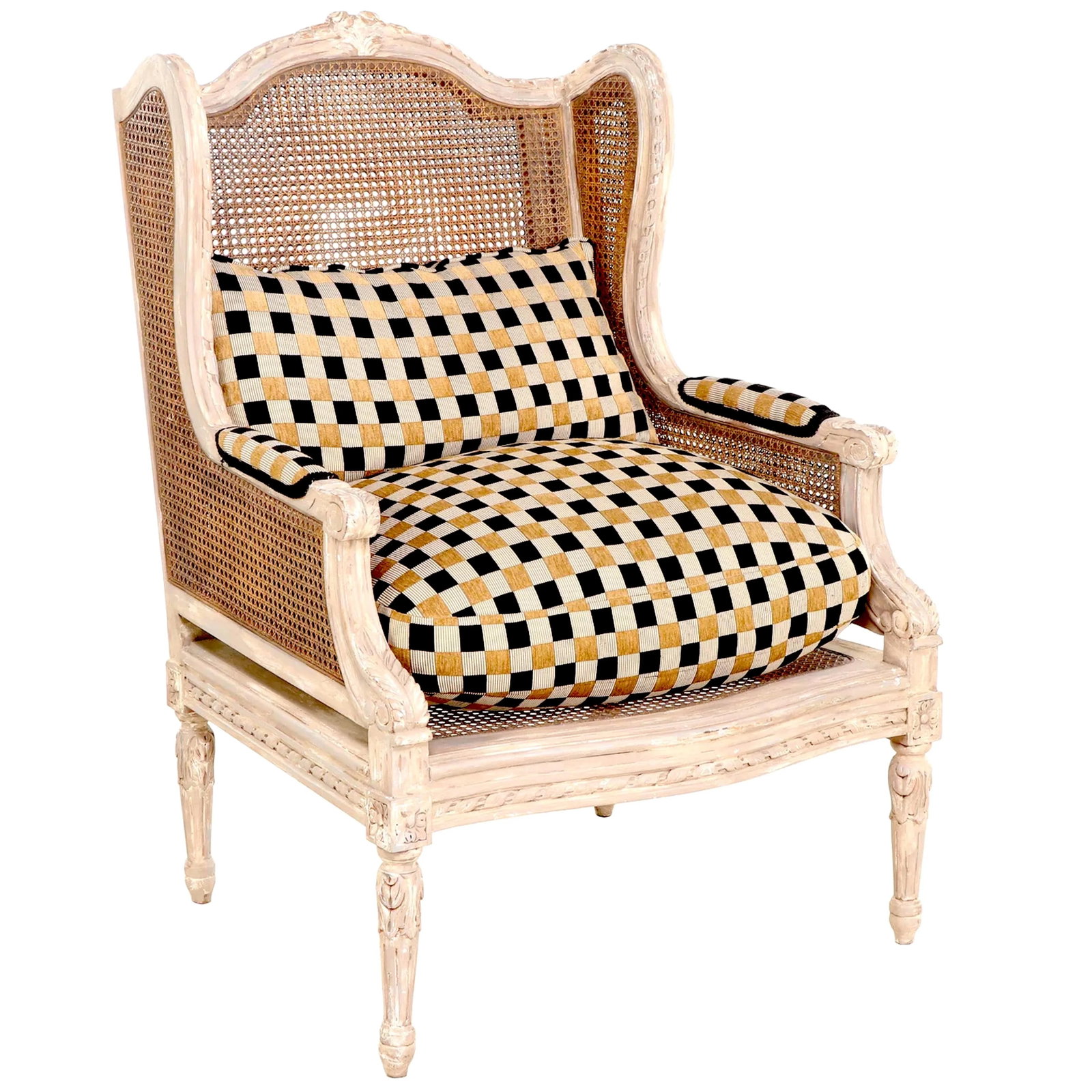 Louis XV Double Caned Wingback Bergeres - Clarence House Cushions - Pair - 2