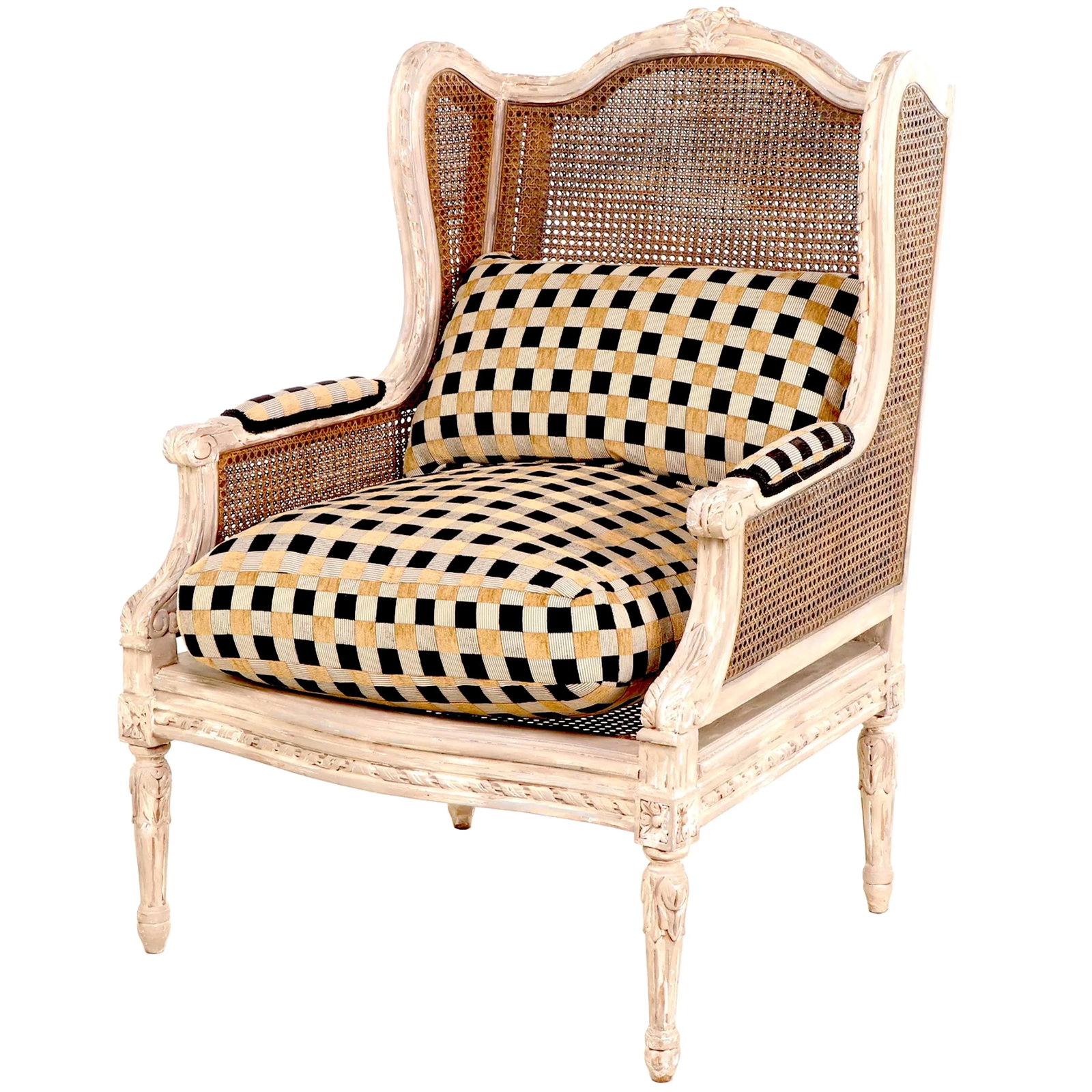 Louis XV Double Caned Wingback Bergeres - Clarence House Cushions - Pair - 3
