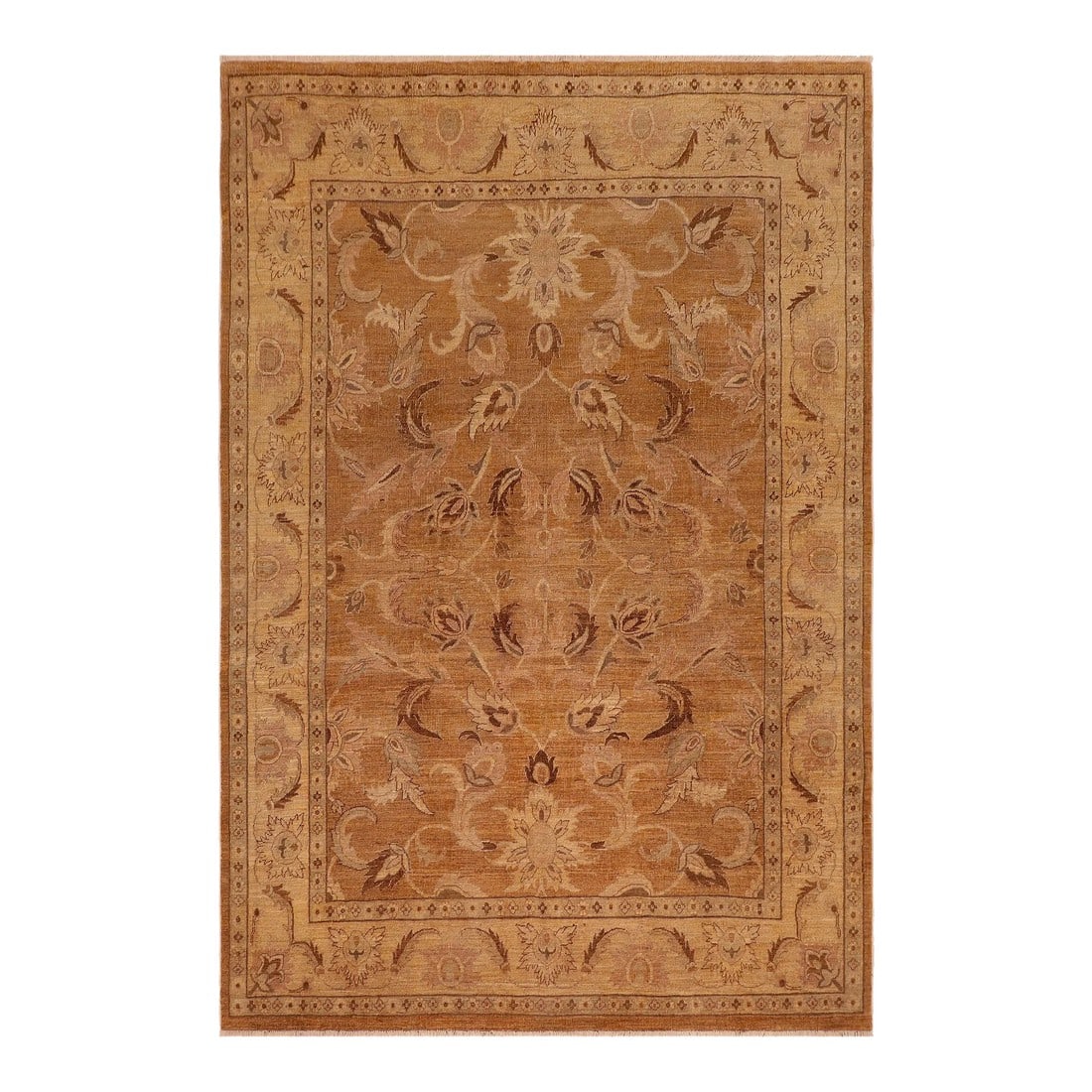 1980s 1980s Vintage Rustic Brown/Gold Wool Rug - 8'3" X 9'5": Mesmerizing intricacy and a gorgeous color palette, this hand-knotted masterpiece is a semi-Vintage distressed vintage rug. Featuring a low-pile, showcasing the intricate design and pile of the rug.