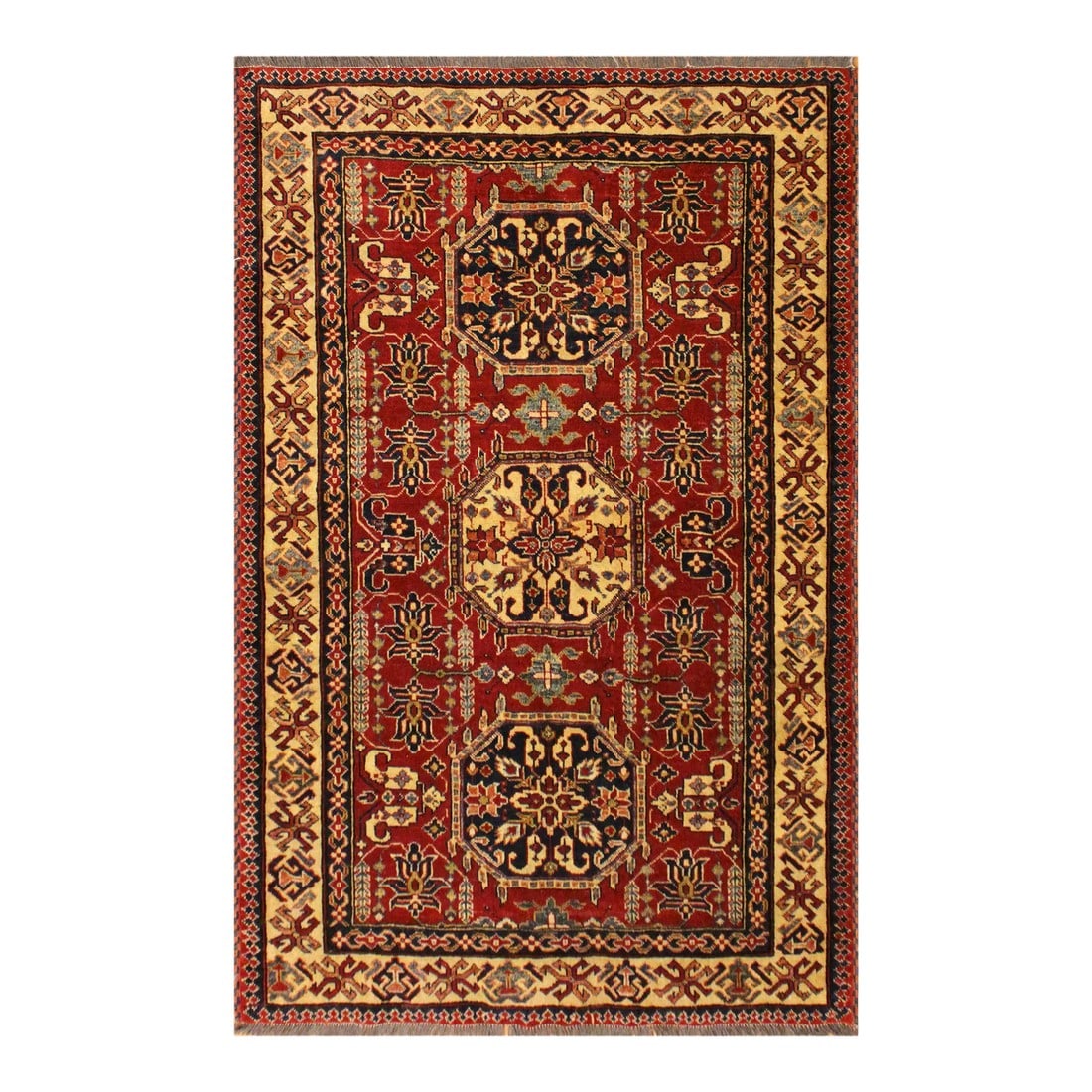 1980s Vintage Southwestern Super Kazak Clyde Red Wool Rug - 4'3'' X 5'8'': Embellish your home with this exquisitely hand-knotted super Kazak Rug made with the finest hand-spun wool and all vegetable dyes. Demonstrating incredible attention to detail, this hand-knotted