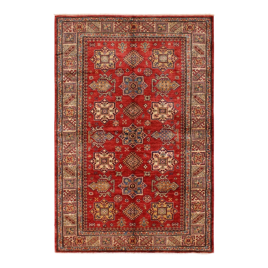 1990s 1990's Rustic Super Kazak Jenee Red/Tan Wool Rug - 4'10'' X 6'7'': Embellish your home with this exquisitely hand-knotted super Kazak Rug made with the finest hand-spun wool and all vegetable dyes. Demonstrating incredible attention to detail, this hand-knotted