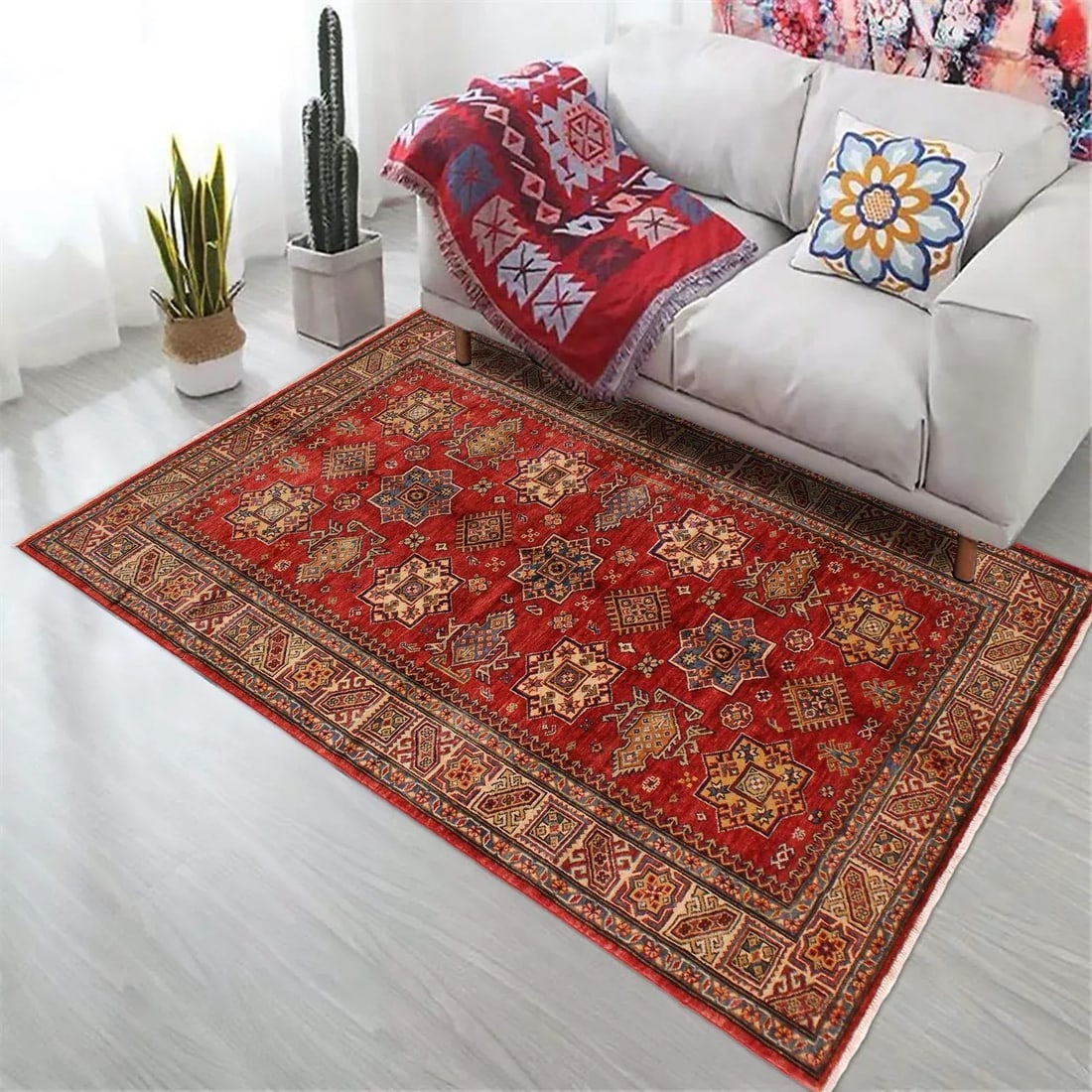 1990s 1990's Rustic Super Kazak Jenee Red/Tan Wool Rug - 4'10'' X 6'7'' - 2