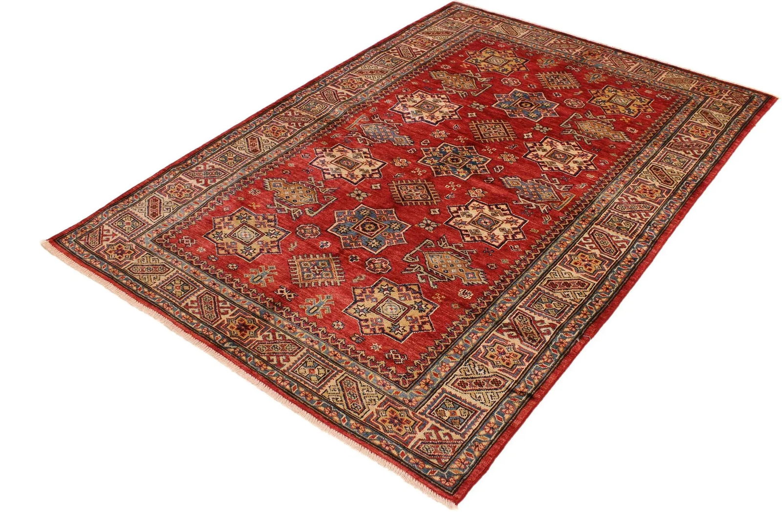 1990s 1990's Rustic Super Kazak Jenee Red/Tan Wool Rug - 4'10'' X 6'7'' - 3