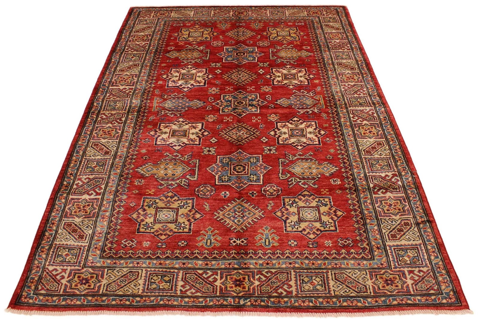 1990s 1990's Rustic Super Kazak Jenee Red/Tan Wool Rug - 4'10'' X 6'7'' - 6