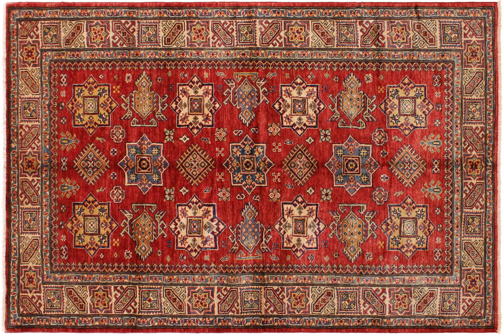 1990s 1990's Rustic Super Kazak Jenee Red/Tan Wool Rug - 4'10'' X 6'7'' - 9