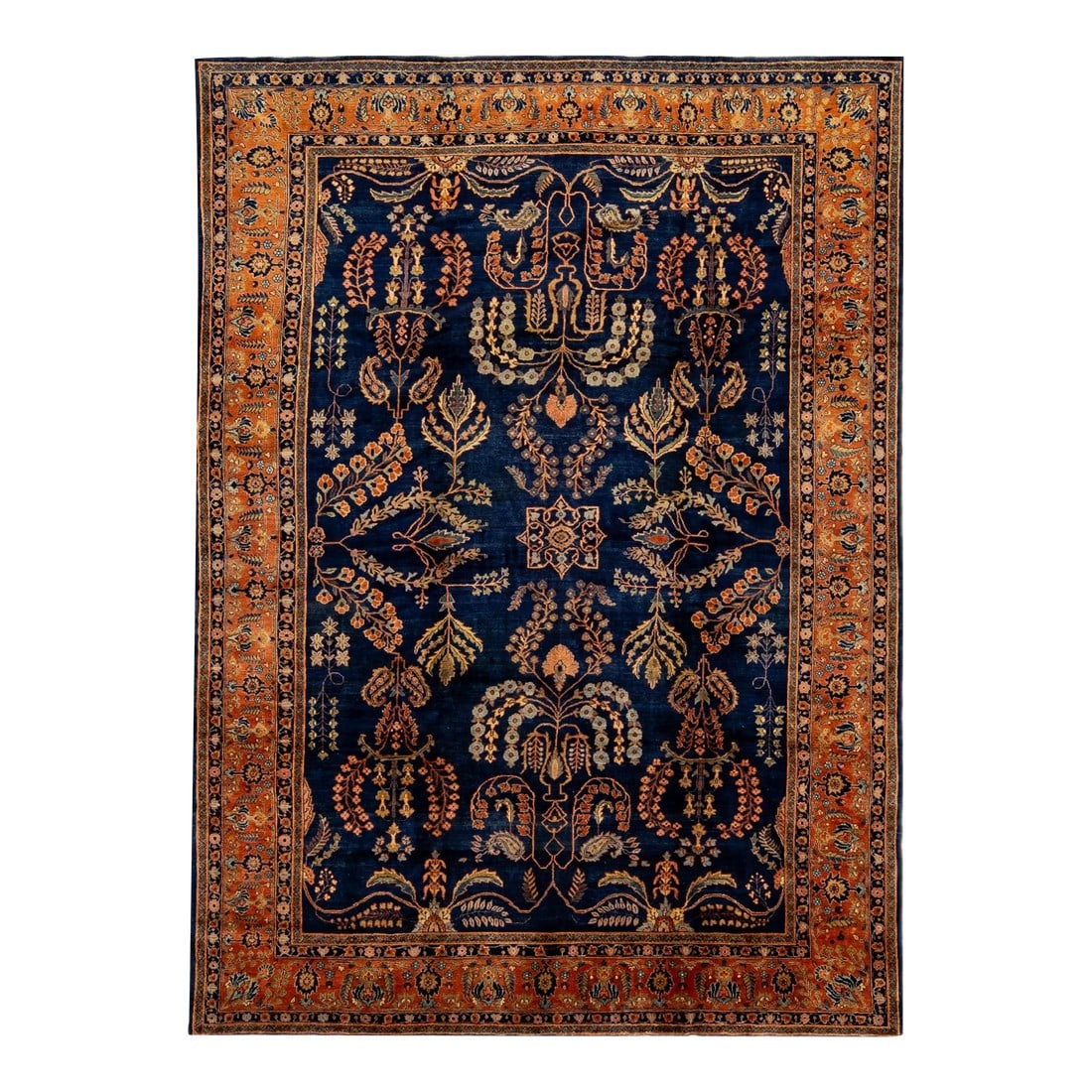 Antique Persian Sarouk Farahan Handmade Allover Designed Navy Blue Wool Rug: Beautiful antique Sarouk Farahan hand knotted wool rug with a navy-blue field. This Farahan rug has a rusted color frame and peach accents on a gorgeous Classic Botanical floral design This rug measur