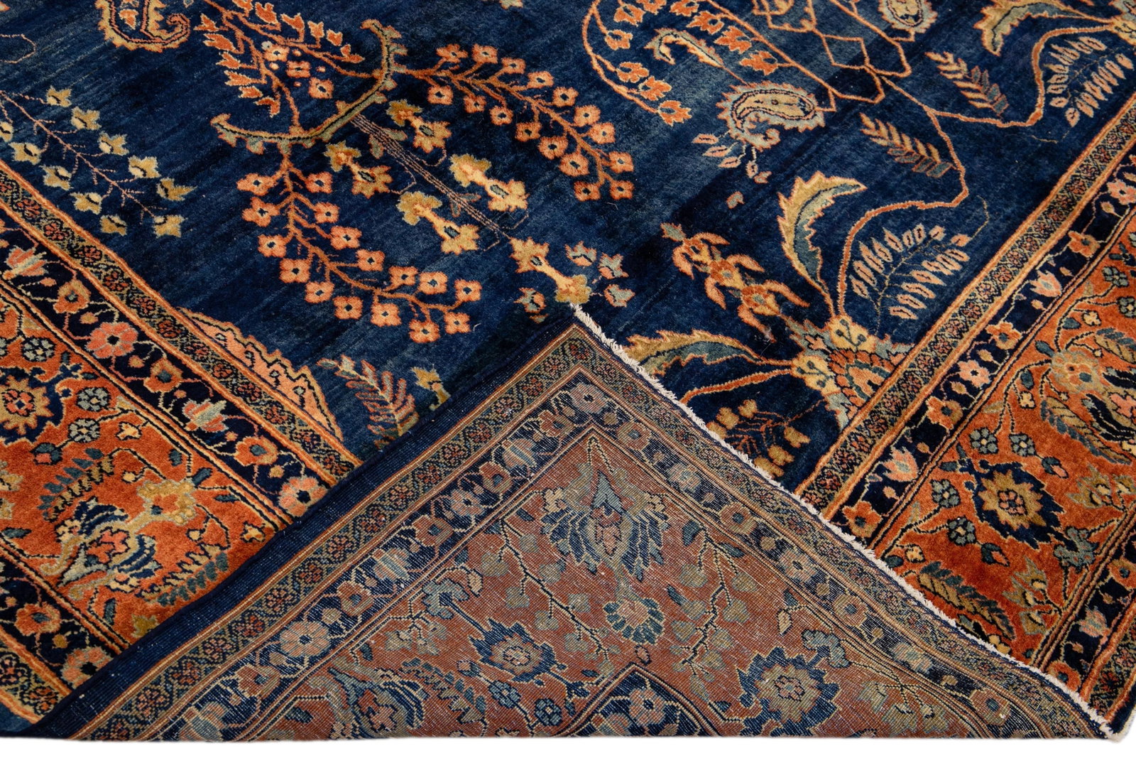 Antique Persian Sarouk Farahan Handmade Allover Designed Navy Blue Wool Rug - 2