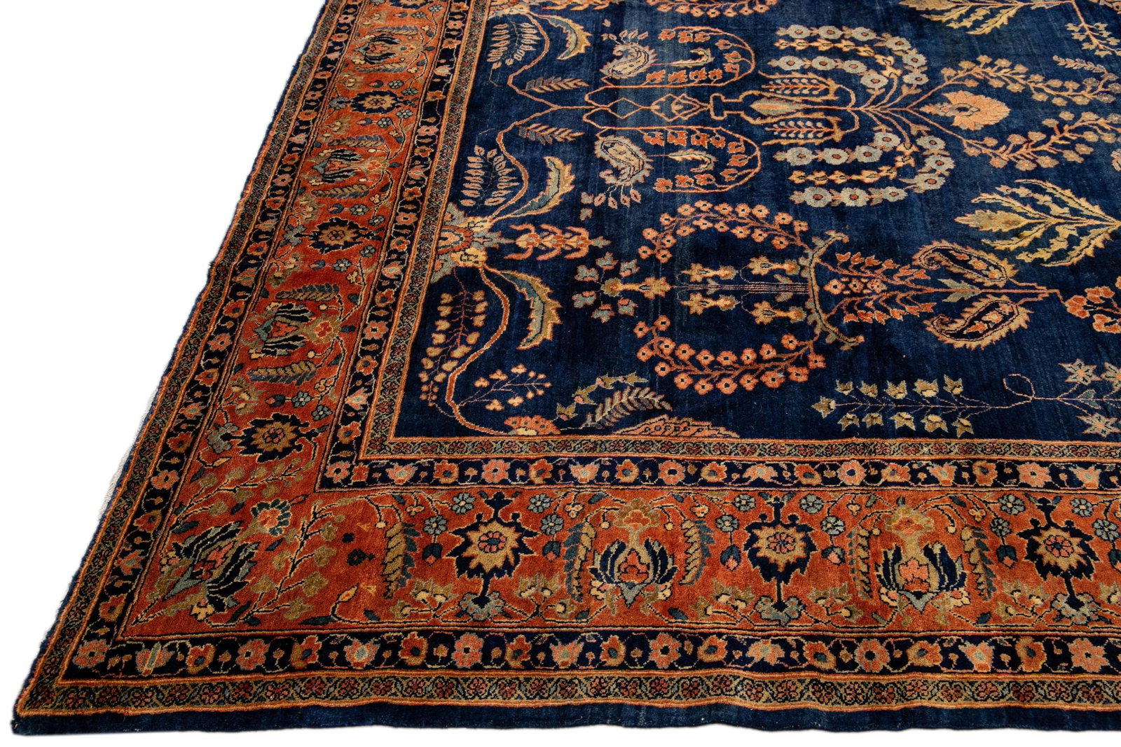 Antique Persian Sarouk Farahan Handmade Allover Designed Navy Blue Wool Rug - 4
