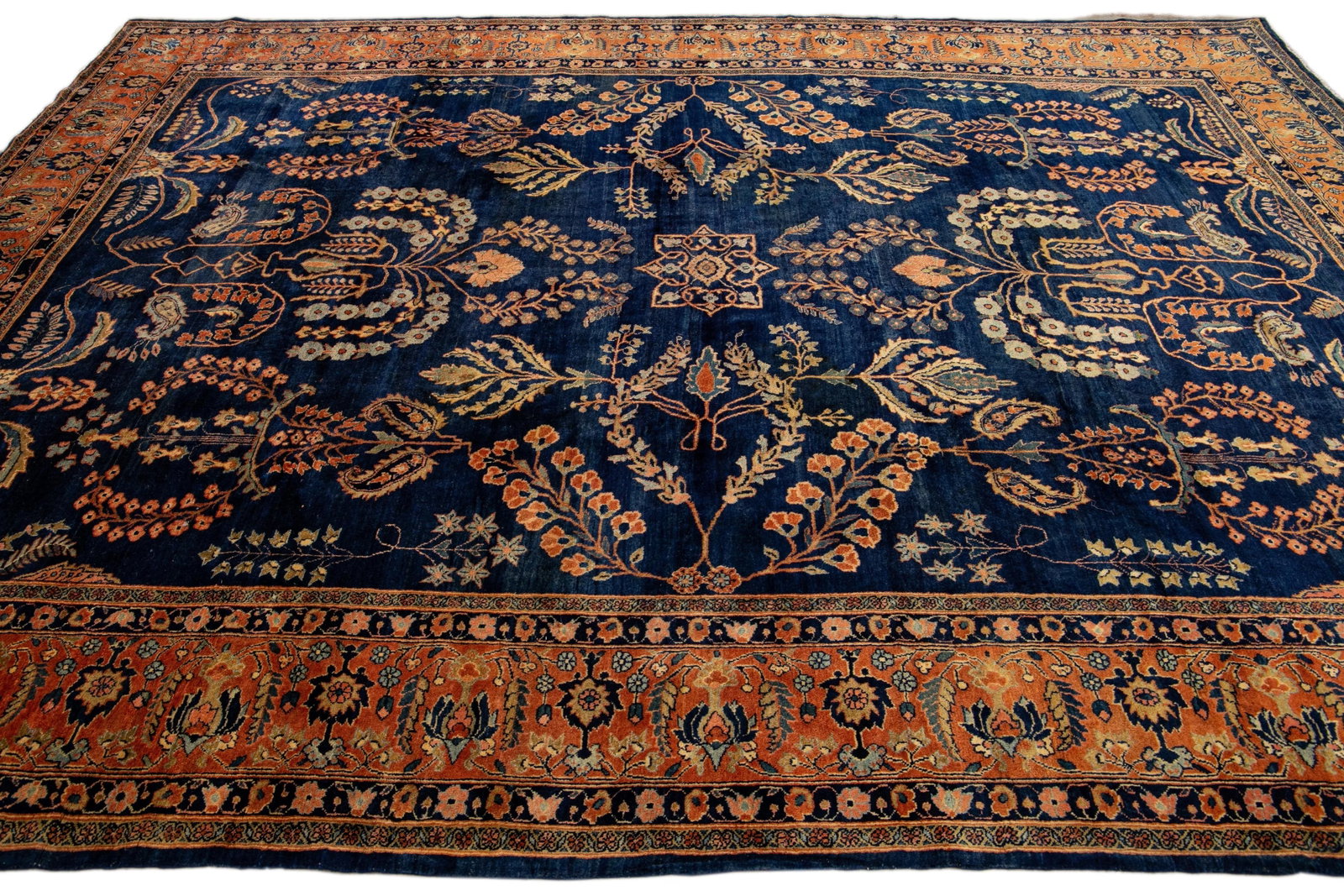 Antique Persian Sarouk Farahan Handmade Allover Designed Navy Blue Wool Rug - 5
