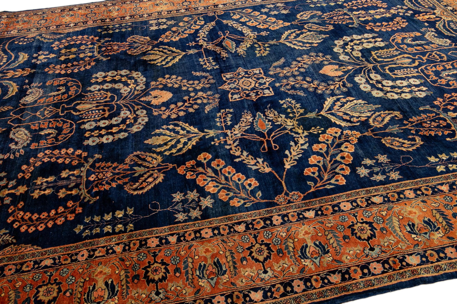 Antique Persian Sarouk Farahan Handmade Allover Designed Navy Blue Wool Rug - 9