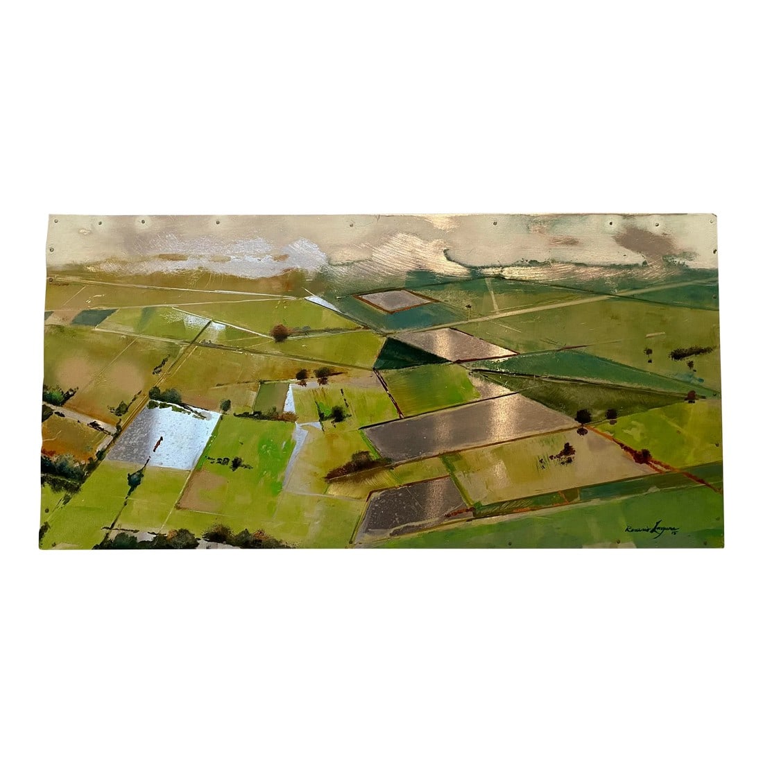 Metalandscape 2 by Rosario-Laguna Contemporary Aerial View Landscape Oil Painting on Aluminum: Metalandscape 2 Oil on aluminum. Aerial view of Cambodia's rice fields by Rosario-Laguna Condition: Imperfections: No Imperfections Condition Notes: Oil paint on aluminum, on a wood frame, the