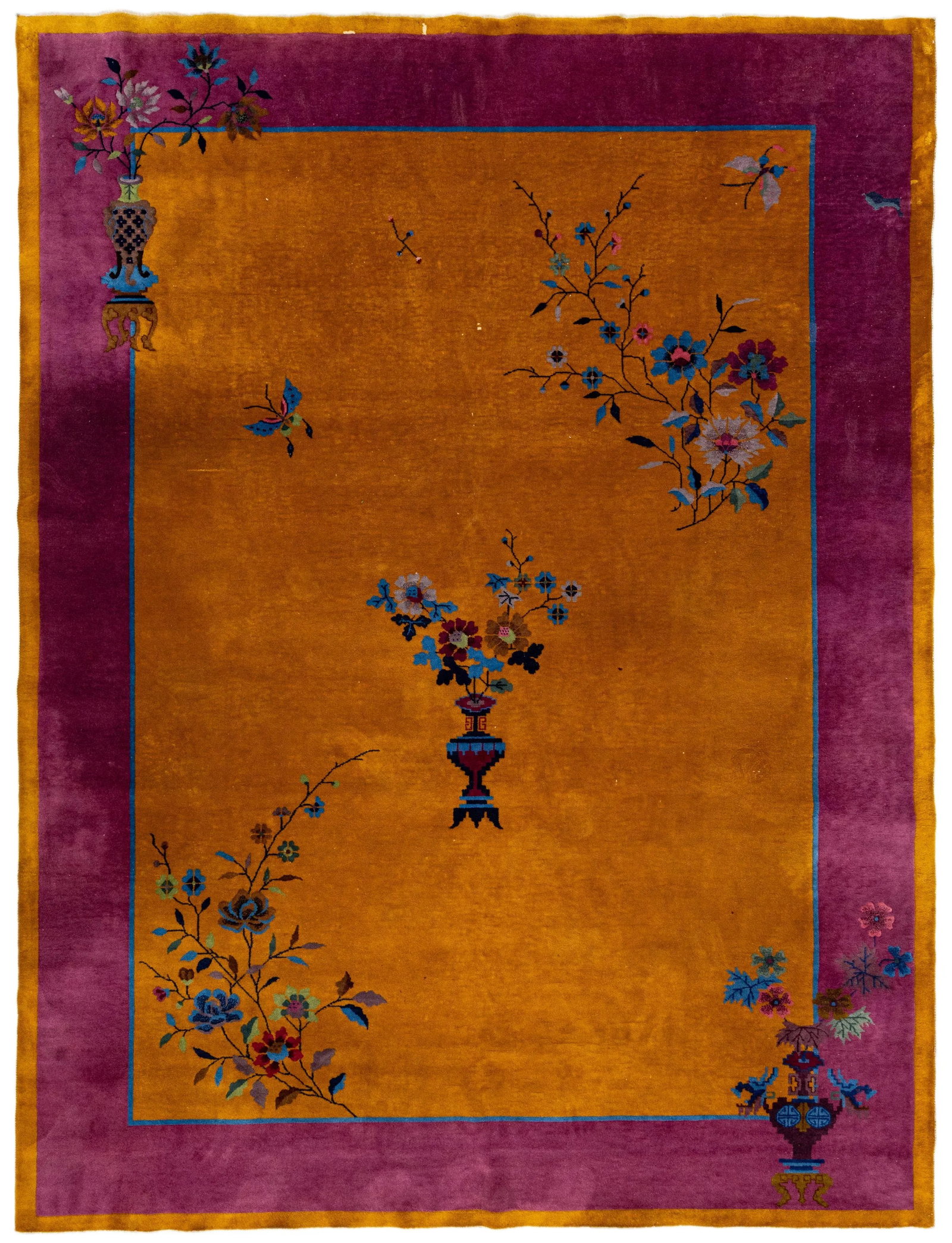 Antique Chinese Art Deco Handmade Floral Goldenrod Wool Rug - 12