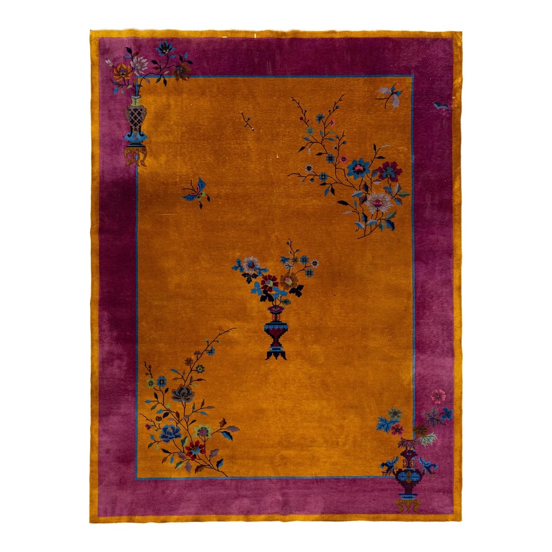 Antique Chinese Art Deco Handmade Floral Goldenrod Wool Rug: Beautiful antique Art Deco hand-knotted wool rug with the goldenrod field. This Chinese rug has a burgundy frame with multi-color accents in a gorgeous all-over traditional Chinese floral design. This