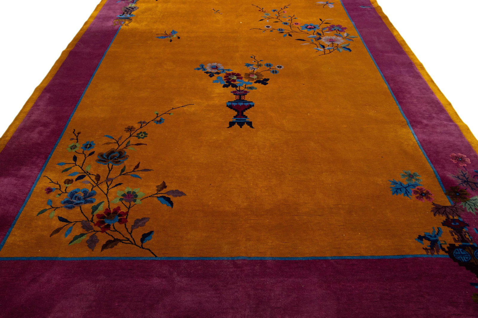 Antique Chinese Art Deco Handmade Floral Goldenrod Wool Rug - 3