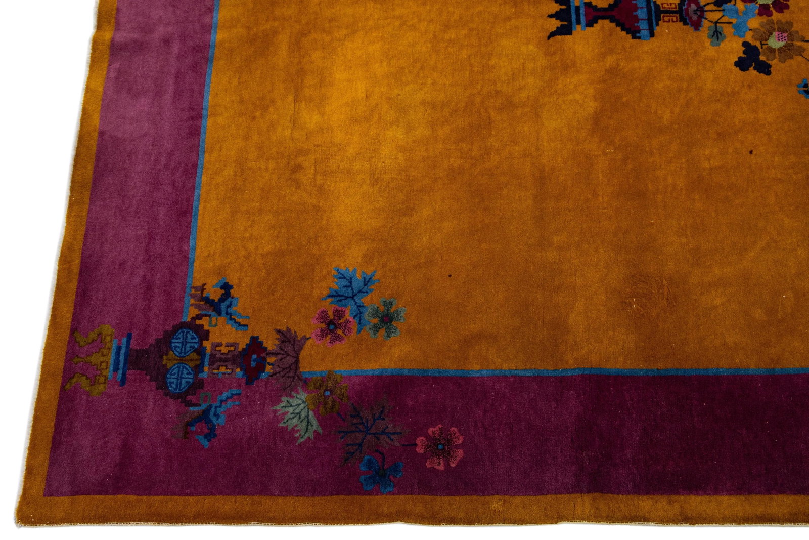 Antique Chinese Art Deco Handmade Floral Goldenrod Wool Rug - 4
