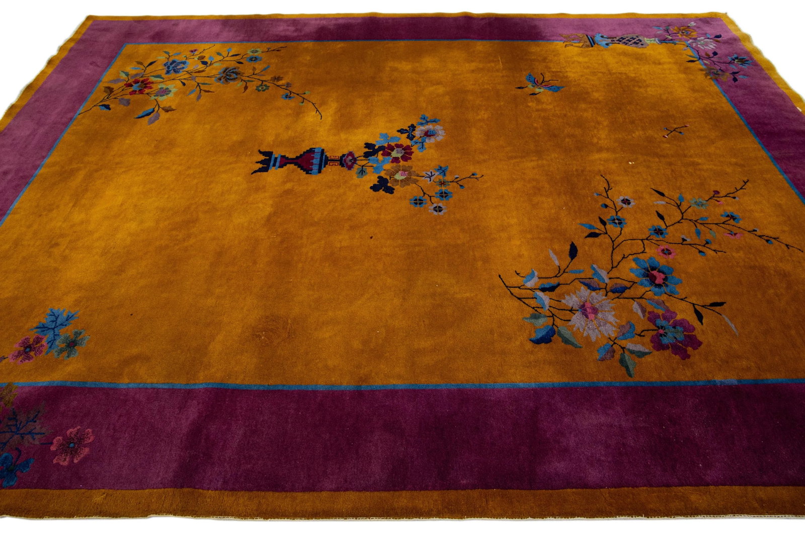 Antique Chinese Art Deco Handmade Floral Goldenrod Wool Rug - 5
