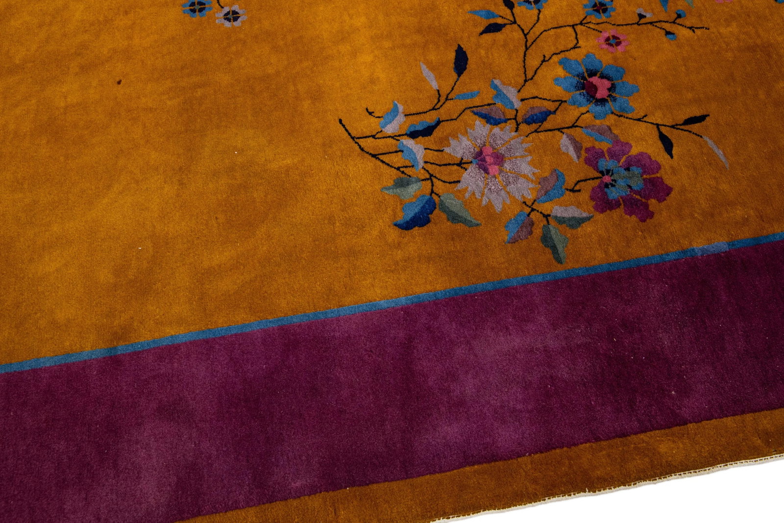 Antique Chinese Art Deco Handmade Floral Goldenrod Wool Rug - 6