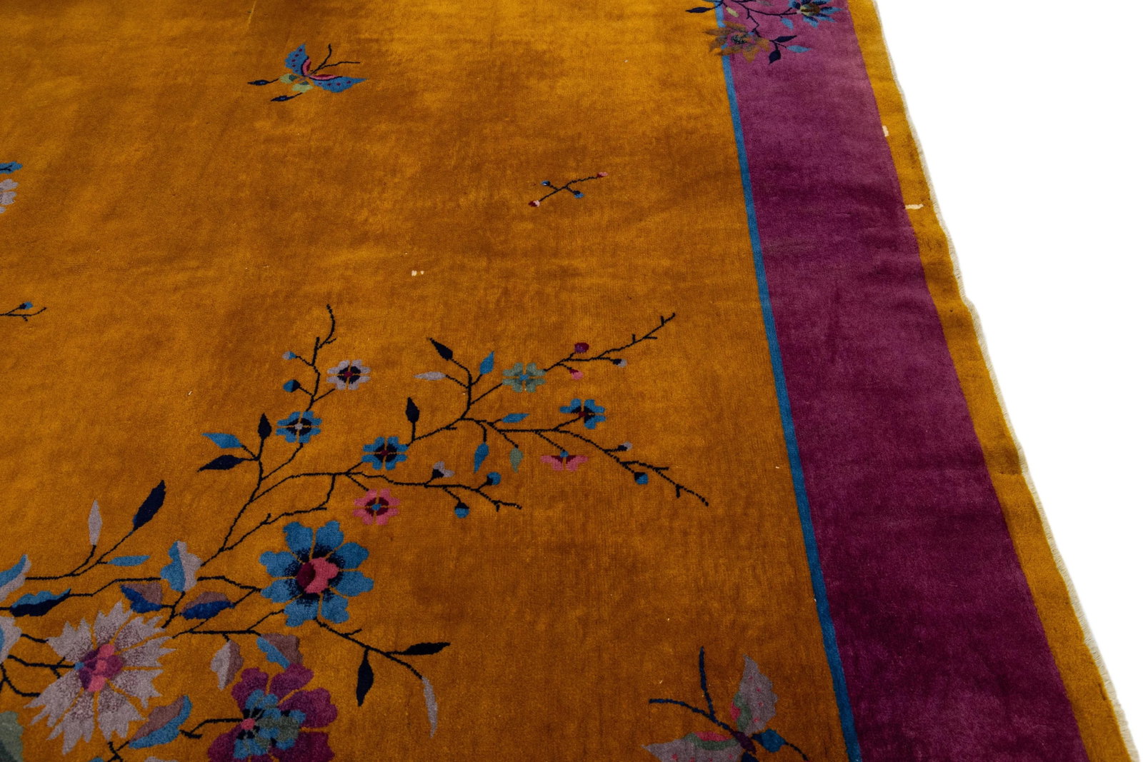 Antique Chinese Art Deco Handmade Floral Goldenrod Wool Rug - 9