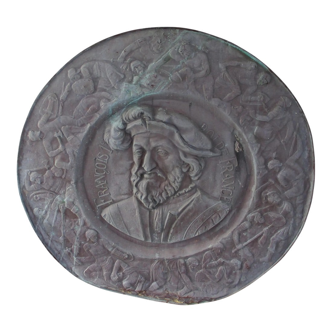 Antique French Renaissance Repoussé Copper FranÃ§ois 1er Portrait Wall Rondel Plaque: Antique French Renaissance (1494 - 1610) Repoussé Copper 38" Round FranÃ§ois 1er Portrait Rondel Wall Plaque Francis I, French FranÃ§ois, (born Sept. 12, 1494, Cognac,