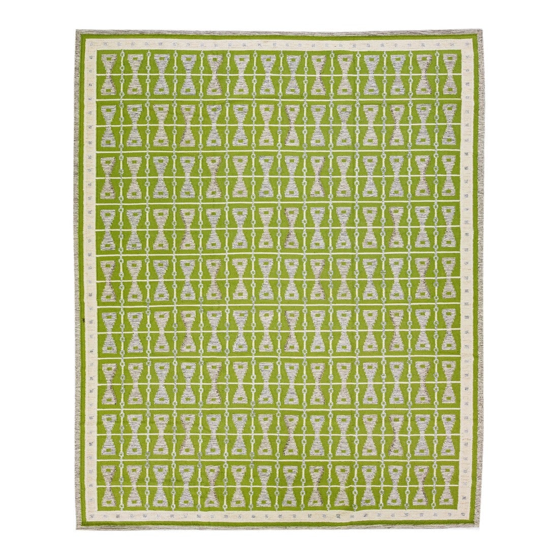 Modern Swedish Style Green Handmade Oversize Wool Rug With Geometric Pattern: Beautiful modern Swedish-style wool rug with a green field. This piece has gray and beige accent colors featuring a gorgeous all-over geometric design. This rug measures: 12'4" x 15'. Condition: