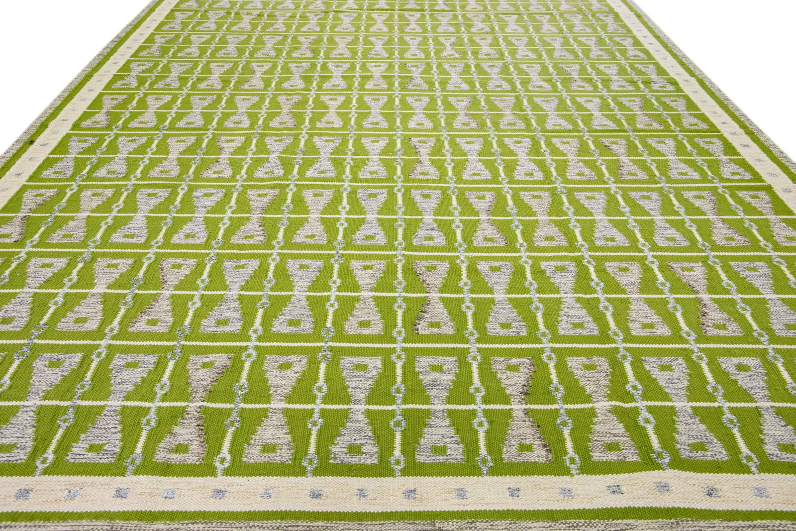 Modern Swedish Style Green Handmade Oversize Wool Rug With Geometric Pattern - 3