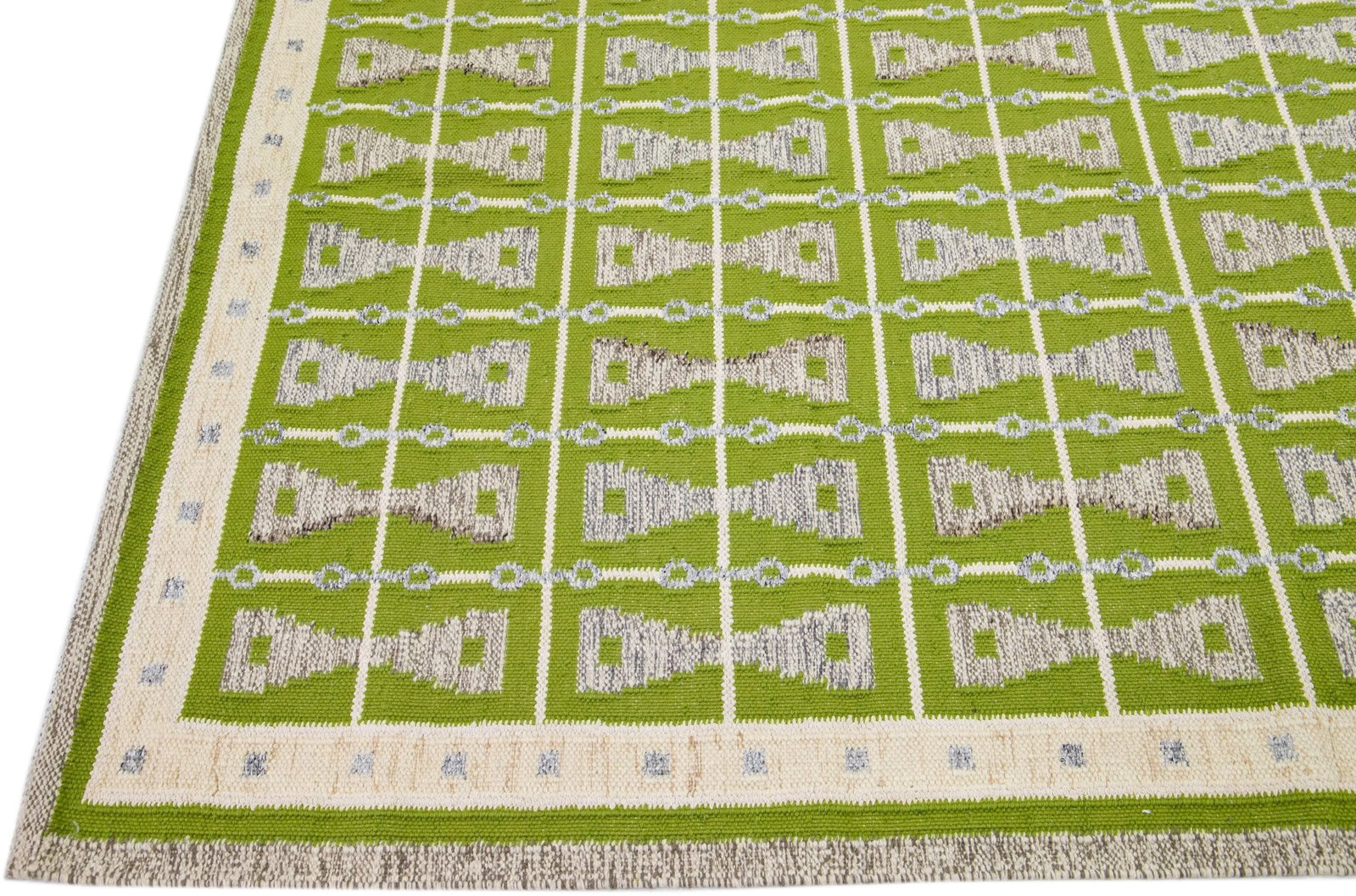 Modern Swedish Style Green Handmade Oversize Wool Rug With Geometric Pattern - 4