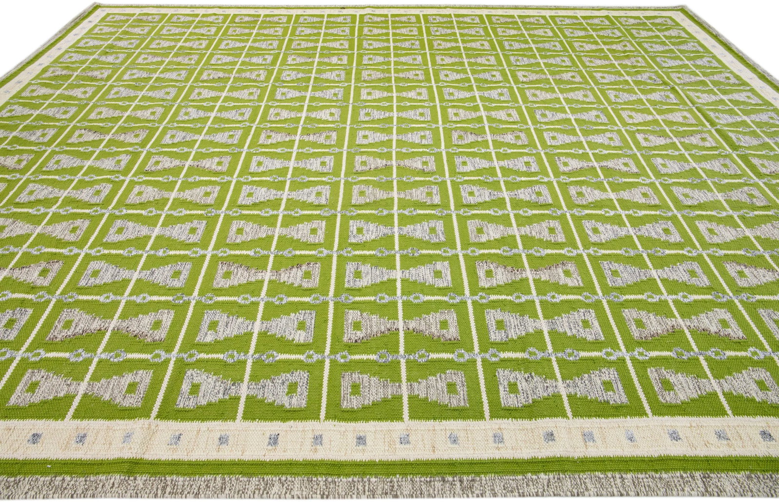 Modern Swedish Style Green Handmade Oversize Wool Rug With Geometric Pattern - 5