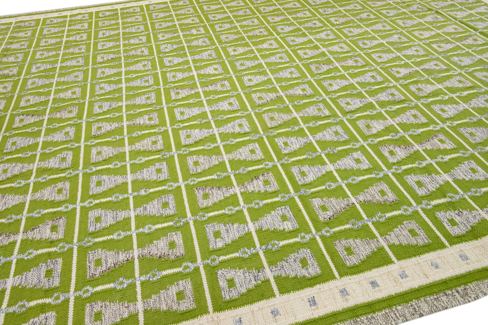 Modern Swedish Style Green Handmade Oversize Wool Rug With Geometric Pattern - 6