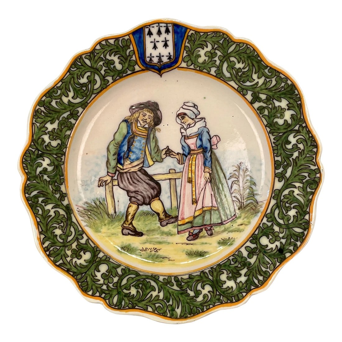 19th Century French Porquier Beau Quimper Plate: A good 19th century French Porquier Beau Quimper Plate with a dark green border depicting a courting scene. Good details and in no chips nor hairline. Signed on the back. Minor wear. Circa 1880-1900
