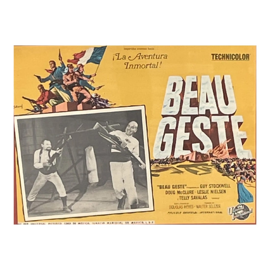 C. 1963 Mexican Lobby Card of Beau Geste: C. 1966 Beau Geste Mexican Movie Poster/Lobby Card. Adventure! Telly Savalas and Leslie Nielson before Kojak and Airplane!! Condition: Alterations: Original Condition Unaltered Imperfections: Some