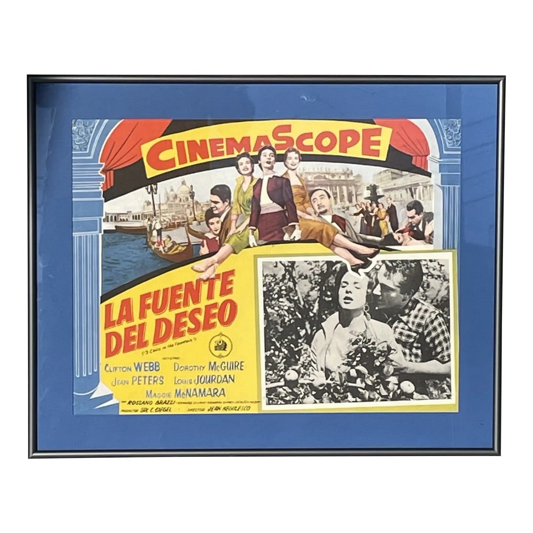 Mexican Movie Poster/Lobby Card of "La Fuente Del Deseo" Three Coins in the Fountain, C. 1954: A wonderful slice of cinematic history from the mid-50's. Three hopeful American secretaries visiting Italy -- newcomer Maria (Maggie McNamara), romance-seeking Anita (Jean Peters) and the more