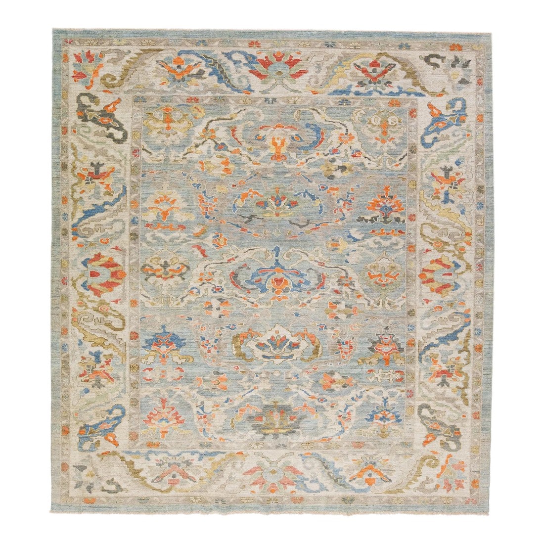 Early 21st Century Handmade Modern Square Sultanabad Wool Rug in Blue With Floral Design: Beautiful modern Sultanabad hand-knotted wool rug with a blue color field. This rug has a beige-designed frame with orange, gray, and golden accents in a gorgeous all-over floral design. This rug